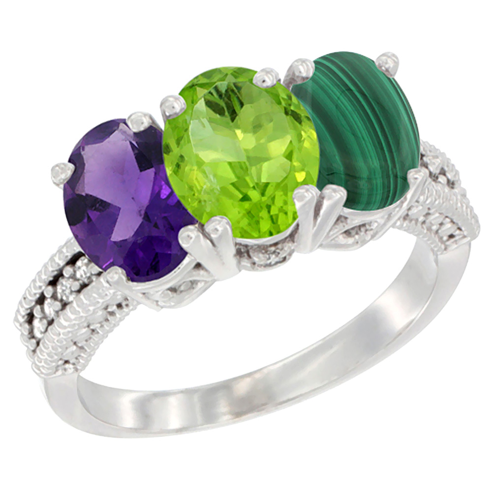 14K White Gold Natural Amethyst, Peridot &amp; Malachite Ring 3-Stone 7x5 mm Oval Diamond Accent, sizes 5 - 10