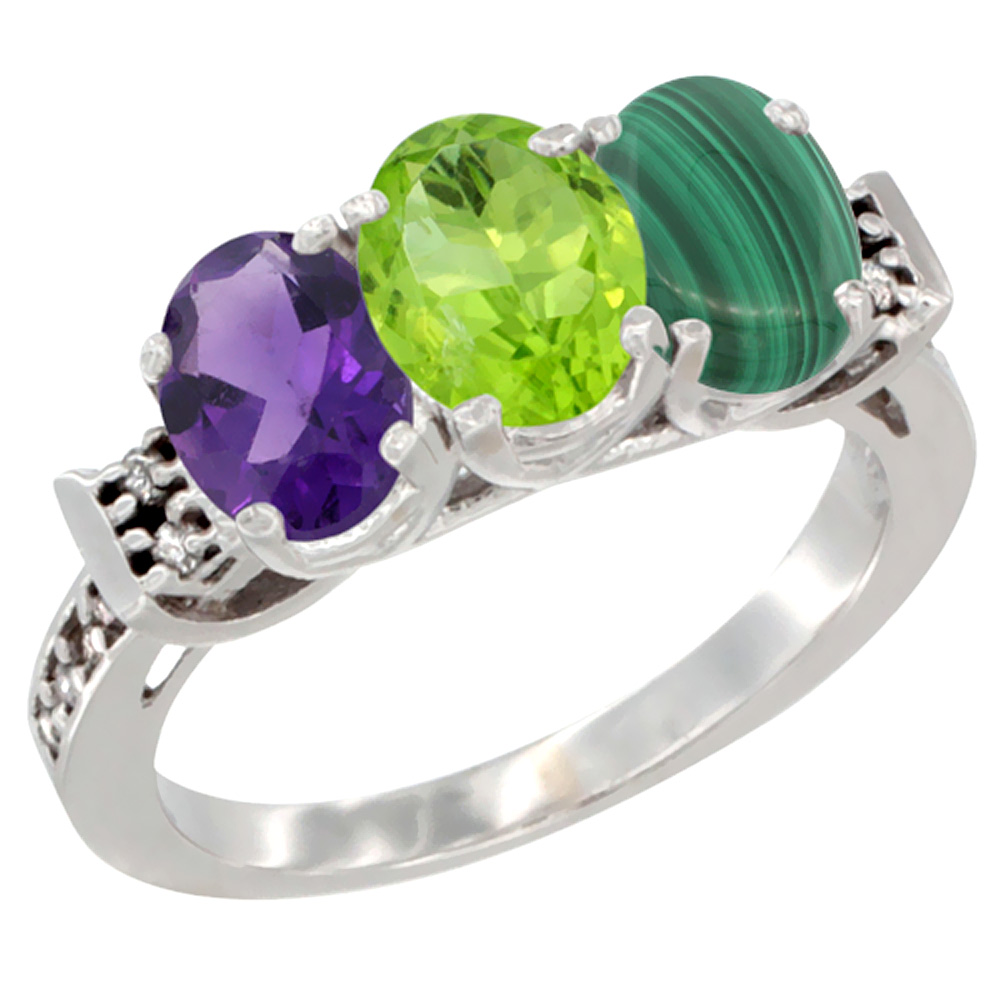 14K White Gold Natural Amethyst, Peridot & Malachite Ring 3-Stone 7x5 mm Oval Diamond Accent, sizes 5 - 10