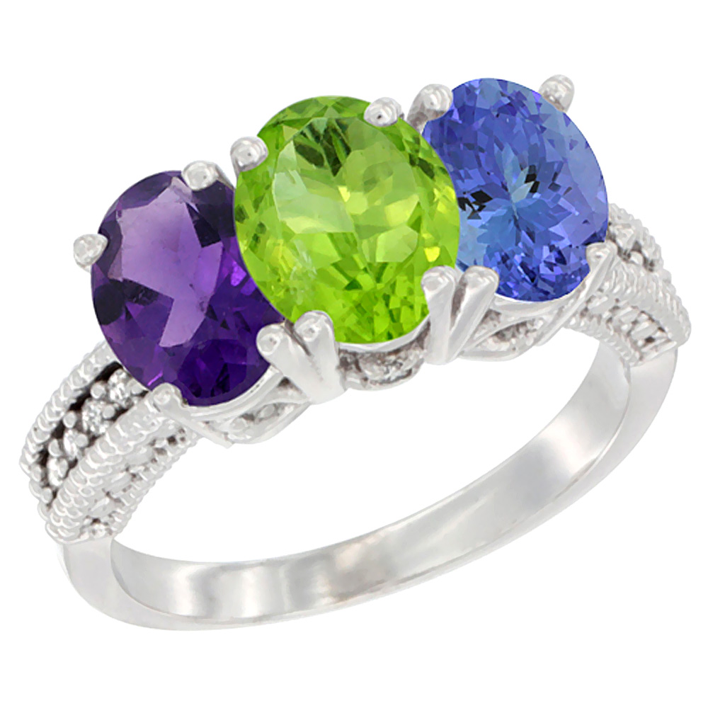 14K White Gold Natural Amethyst, Peridot &amp; Tanzanite Ring 3-Stone 7x5 mm Oval Diamond Accent, sizes 5 - 10