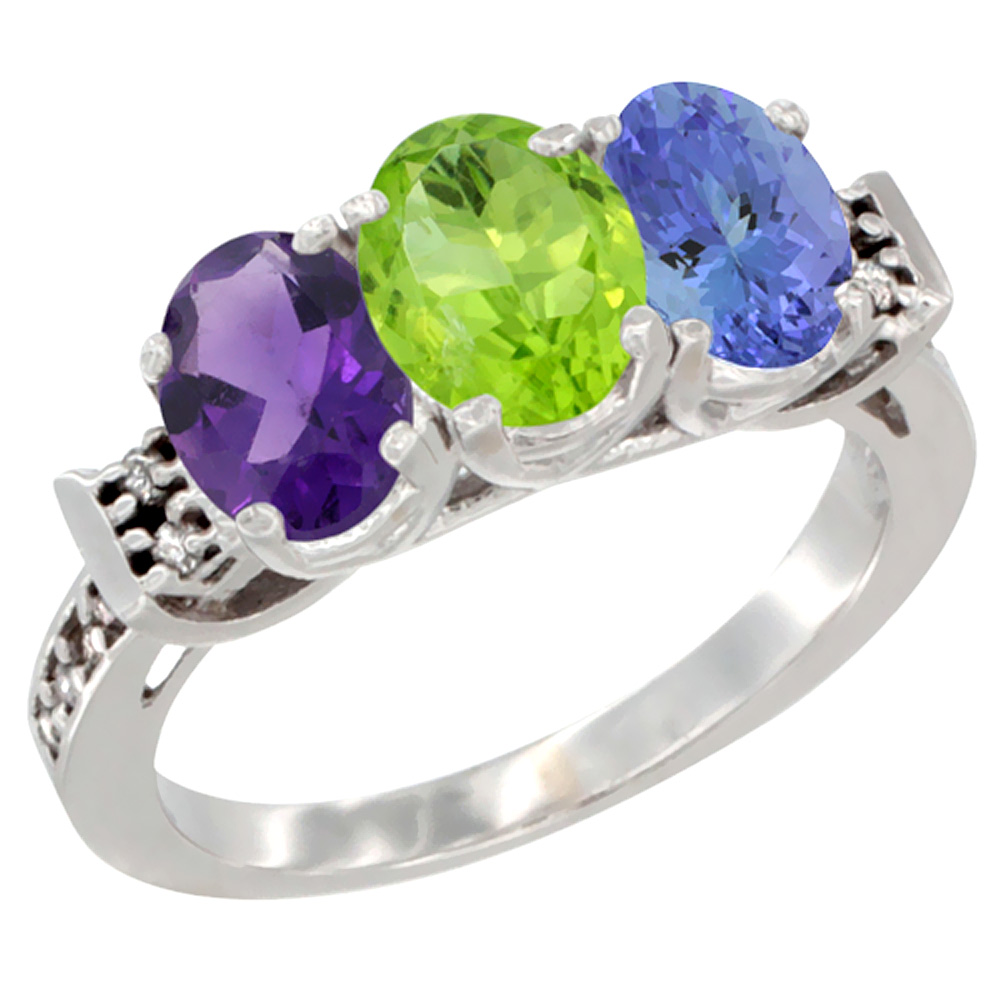 14K White Gold Natural Amethyst, Peridot &amp; Tanzanite Ring 3-Stone 7x5 mm Oval Diamond Accent, sizes 5 - 10