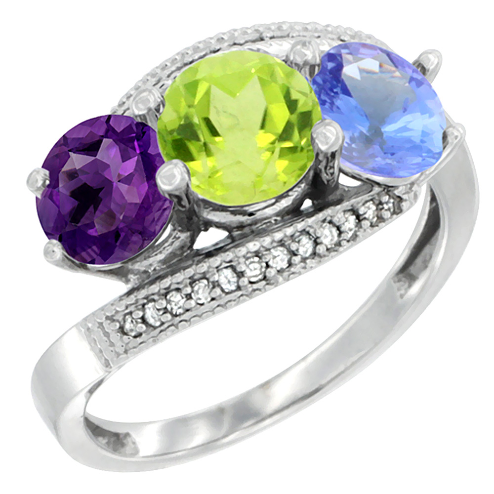 14K White Gold Natural Amethyst, Peridot &amp; Tanzanite 3 stone Ring Round 6mm Diamond Accent, sizes 5 - 10