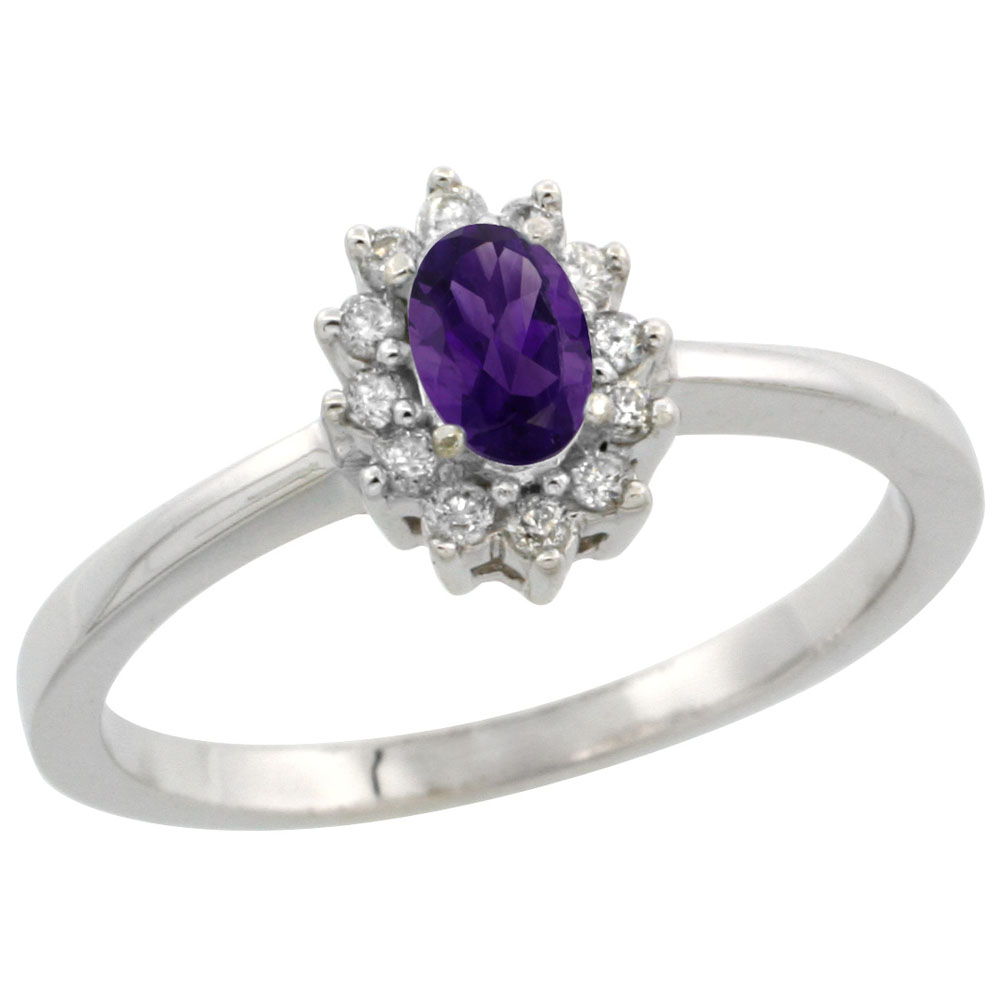 14K White Gold Natural Amethyst Ring Oval 5x3mm Diamond Halo, sizes 5-10