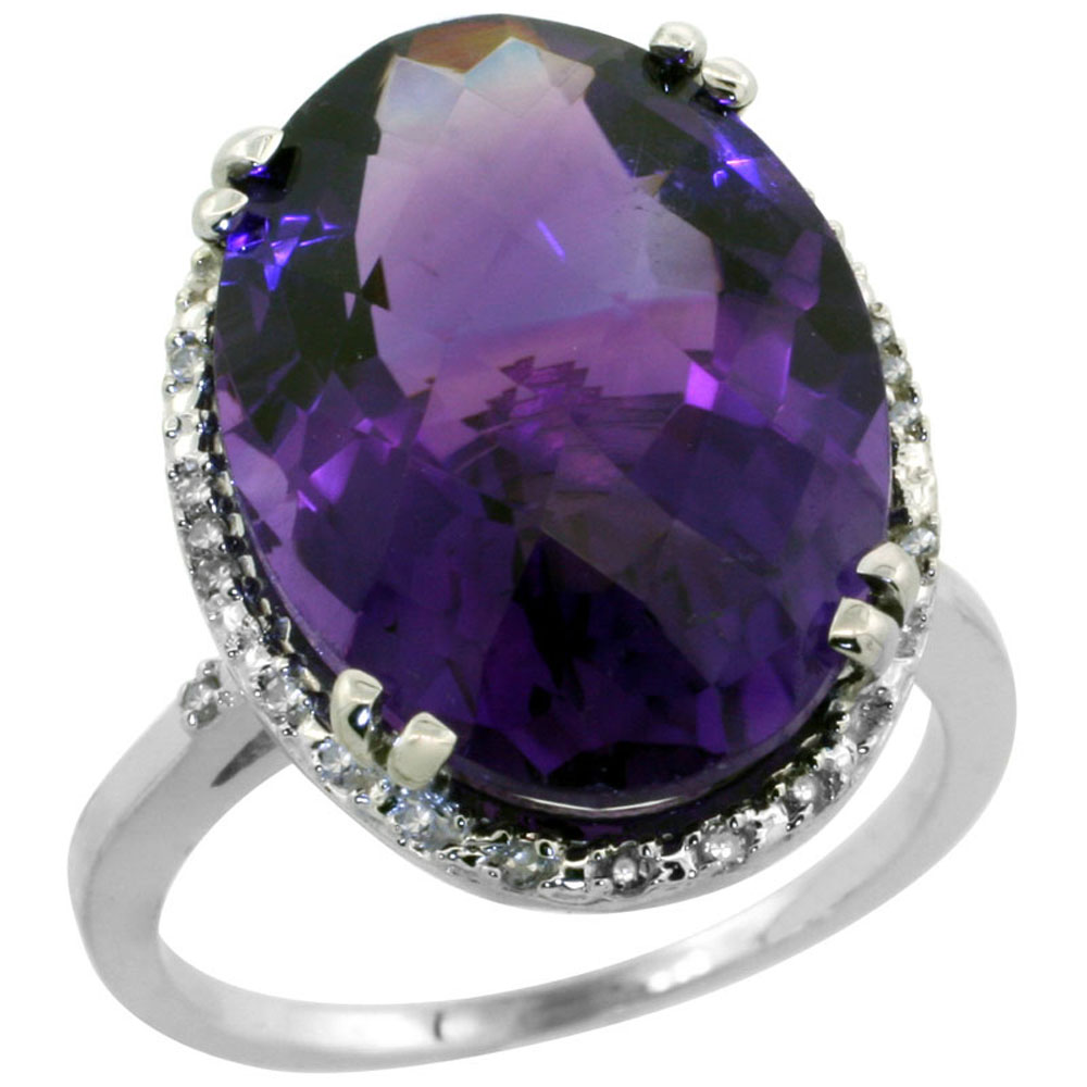 14K White Gold Natural Amethyst Ring Large Oval 18x13mm Diamond Halo, sizes 5-10