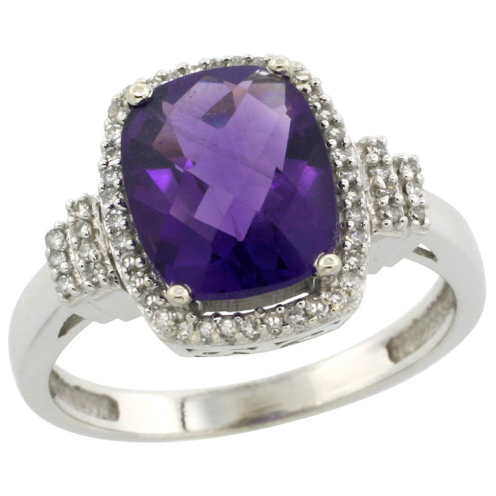 10k White Gold Diamond Halo Genuine Amethyst Ring Cushion-cut 9x7mm sizes 5-10