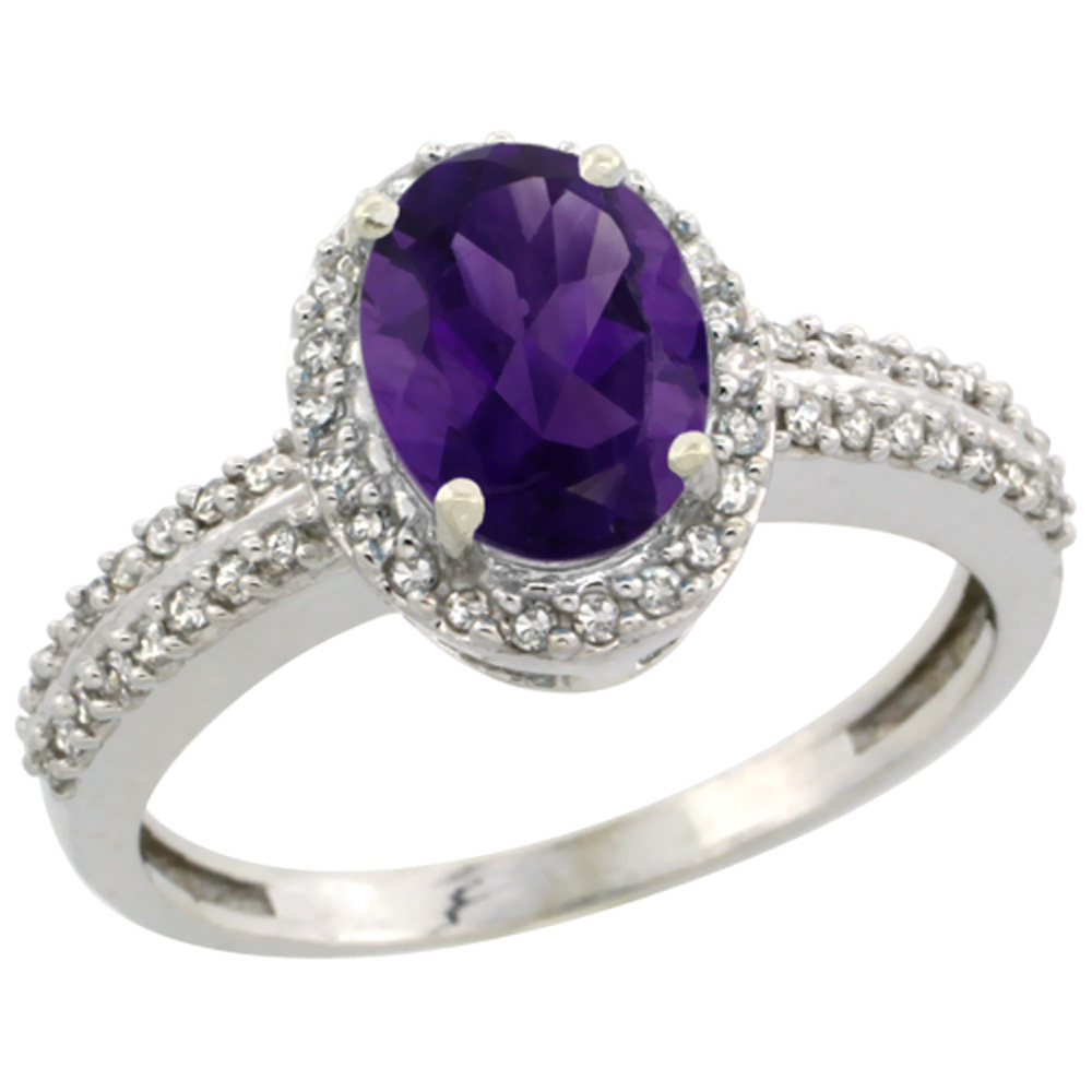 10k White Gold Diamond Halo Genuine Amethyst Ring Oval 8x6mm sizes 5-10