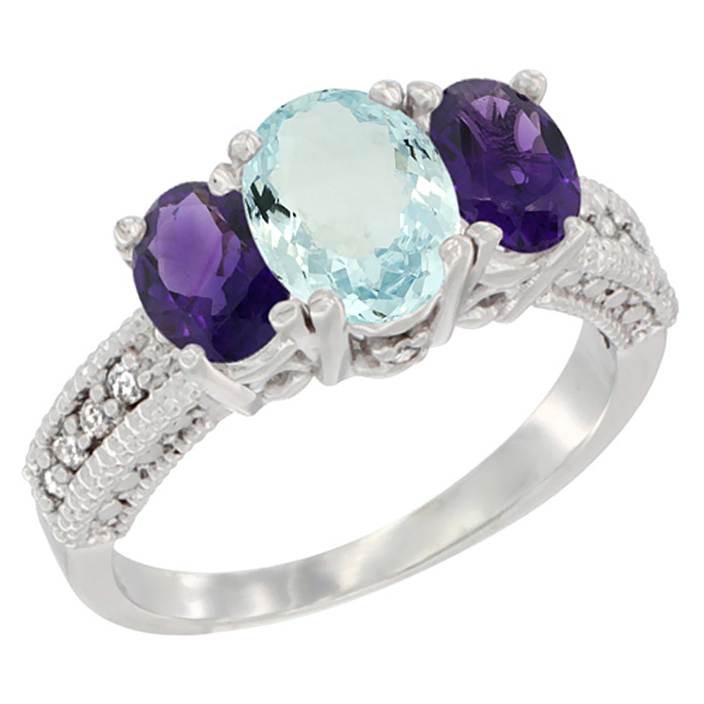 14K White Gold Diamond Natural Aquamariine Ring Oval 3-stone with Amethyst, sizes 5 - 10