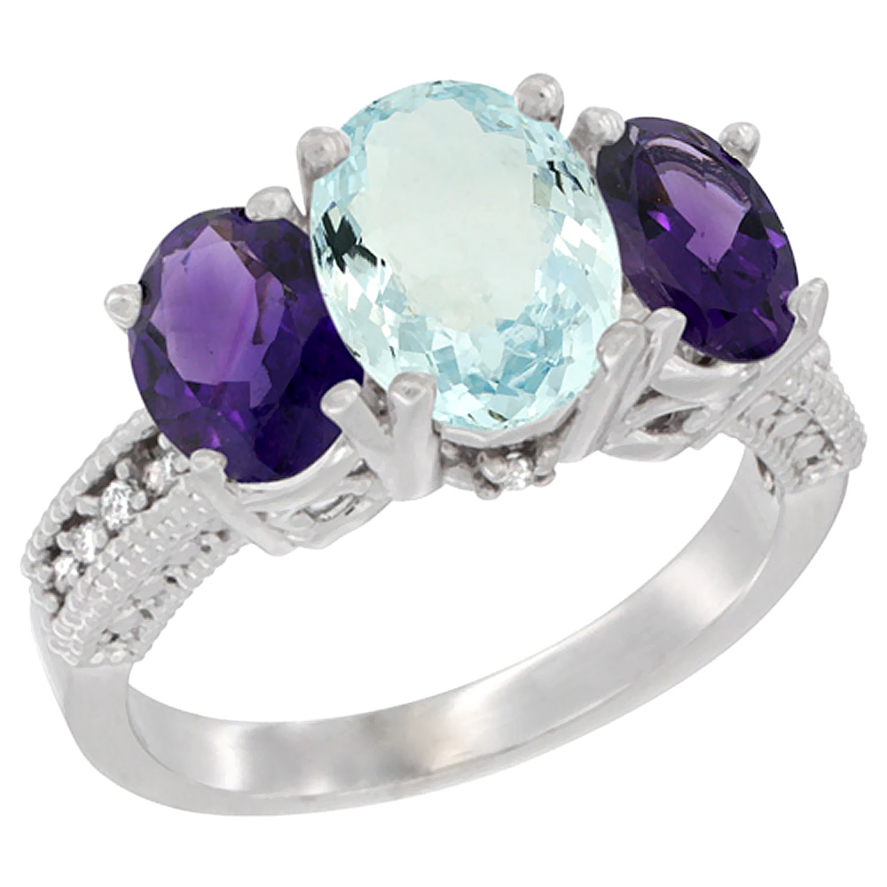 14K White Gold Diamond Natural Aquamarine Ring 3-Stone Oval 8x6mm with Amethyst, sizes5-10