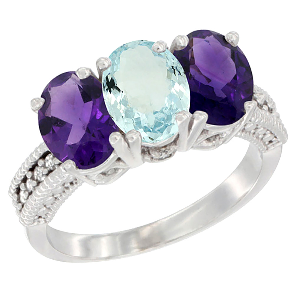 14K White Gold Natural Aquamarine &amp; Amethyst Ring 3-Stone 7x5 mm Oval Diamond Accent, sizes 5 - 10