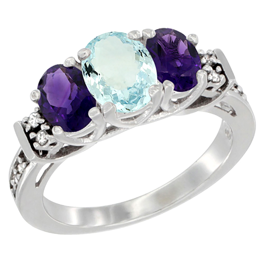 14K White Gold Natural Aquamarine &amp; Amethyst Ring 3-Stone Oval Diamond Accent, sizes 5-10