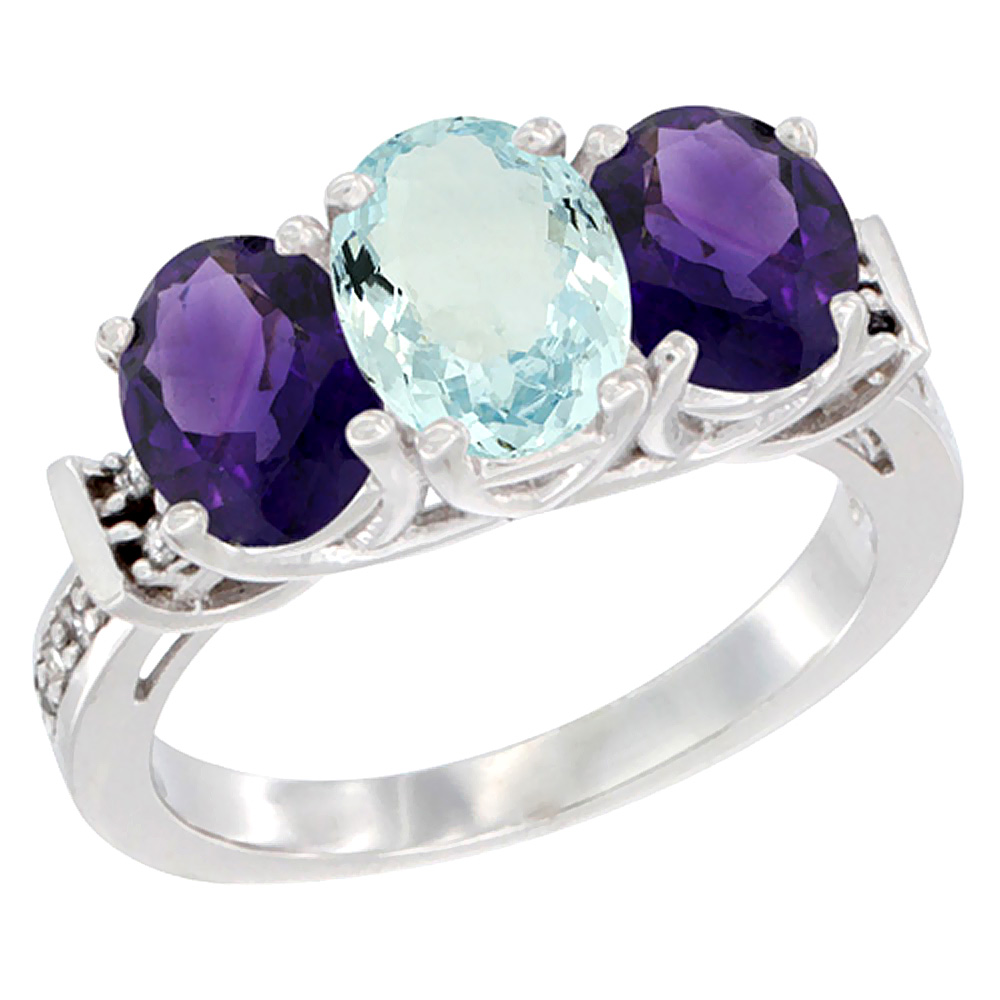 14K White Gold Natural Aquamarine &amp; Amethyst Sides Ring 3-Stone Oval Diamond Accent, sizes 5 - 10