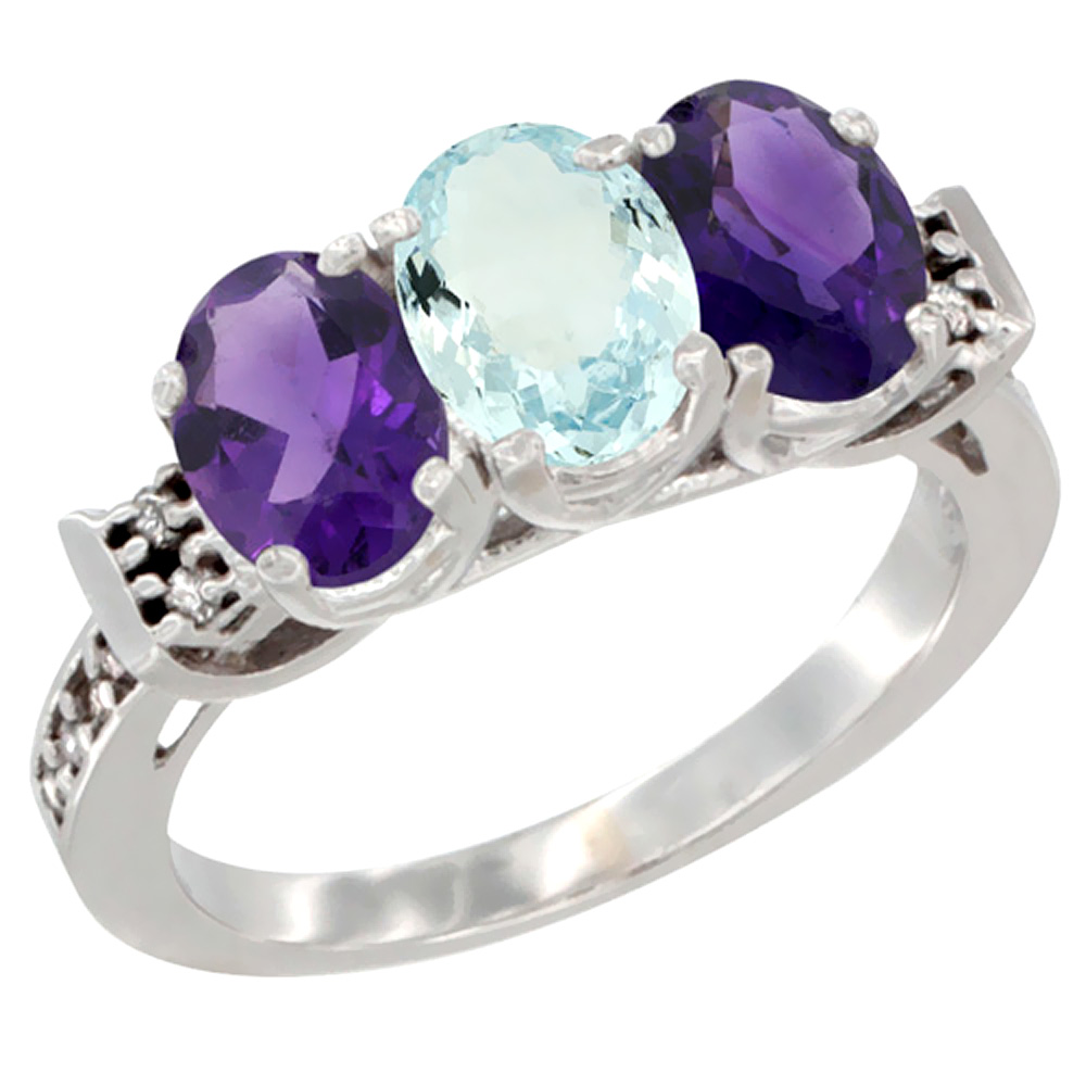 14K White Gold Natural Aquamarine &amp; Amethyst Sides Ring 3-Stone 7x5 mm Oval Diamond Accent, sizes 5 - 10