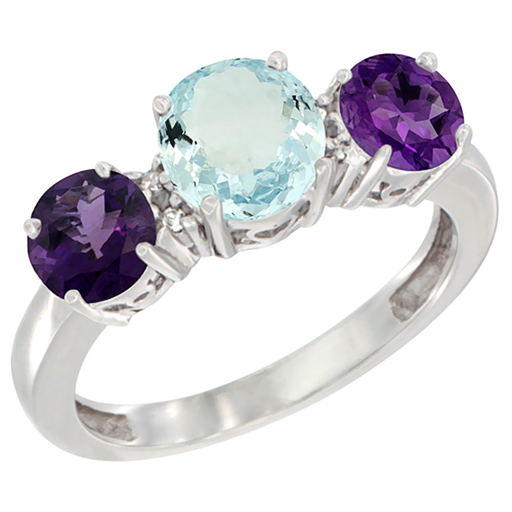 14K White Gold Round 3-Stone Natural Aquamarine Ring & Amethyst Sides Diamond Accent, sizes 5 - 10