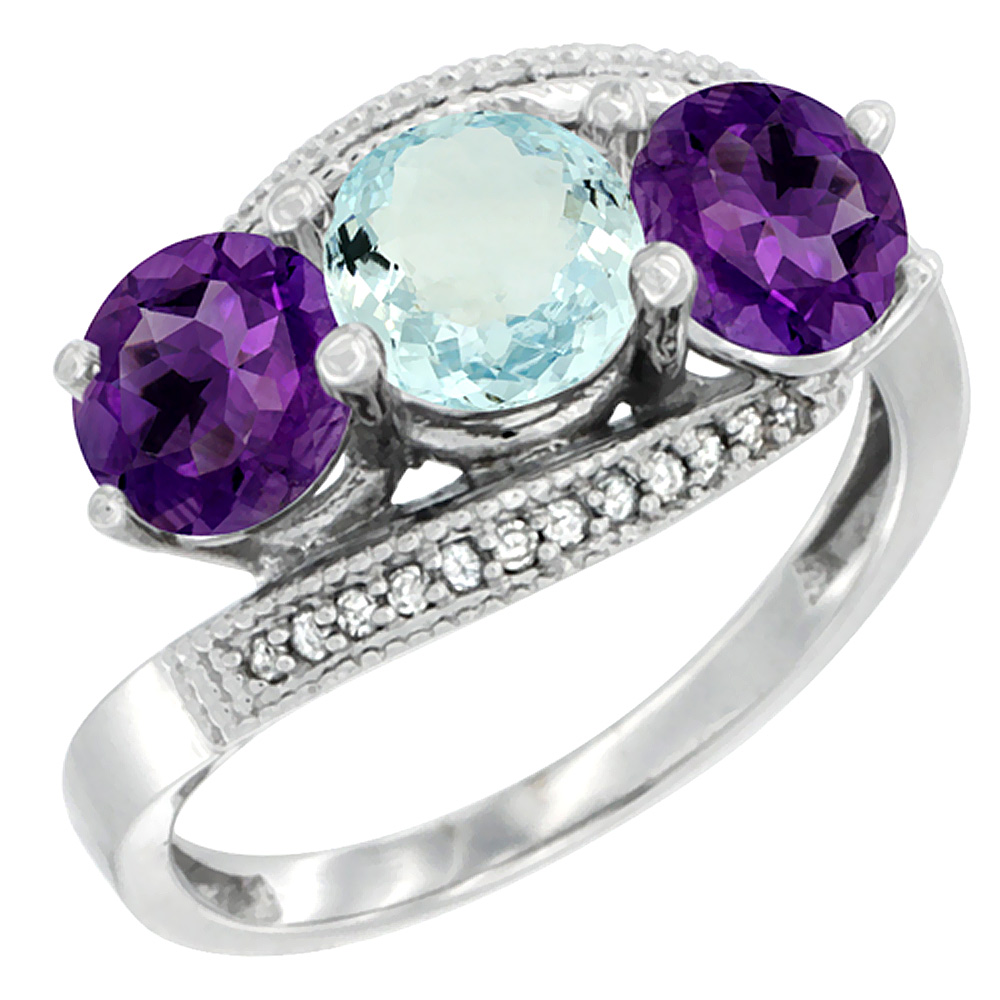 10K White Gold Natural Aquamarine & Amethyst Sides 3 stone Ring Round 6mm Diamond Accent, sizes 5 - 10