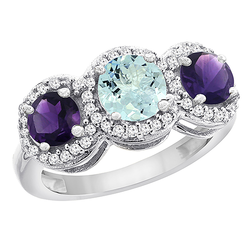 10K White Gold Natural Aquamarine &amp; Amethyst Sides Round 3-stone Ring Diamond Accents, sizes 5 - 10