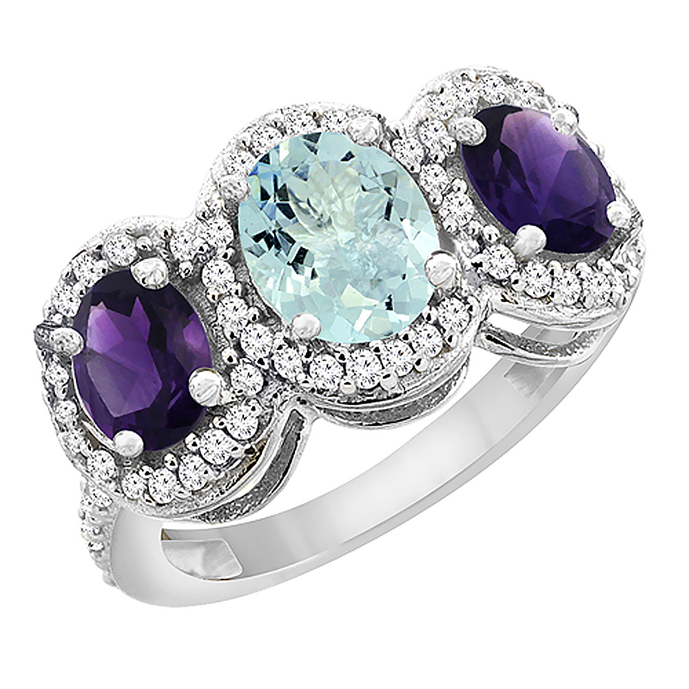 14K White Gold Natural Aquamarine & Amethyst 3-Stone Ring Oval Diamond Accent, sizes 5 - 10