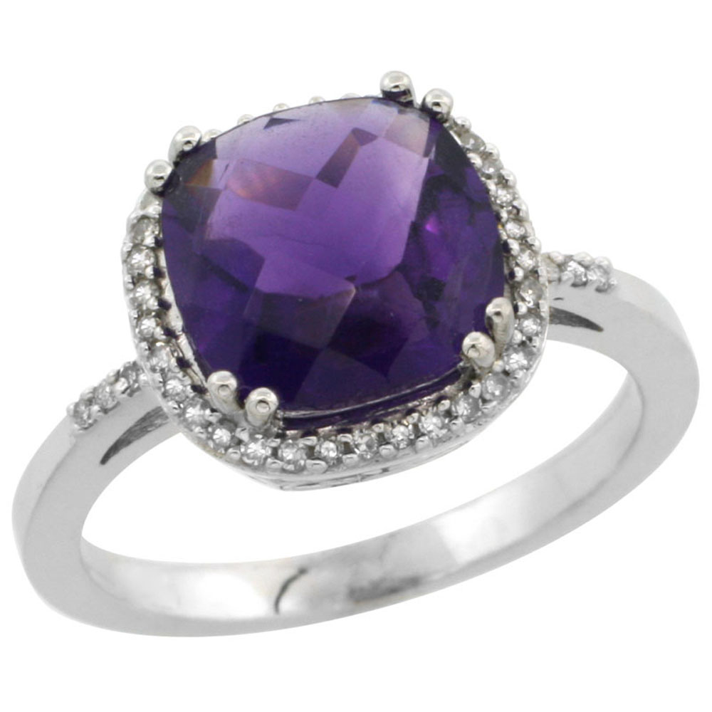 14K White Gold Diamond Natural Amethyst Ring Cushion-cut 9x9mm, sizes 5-10