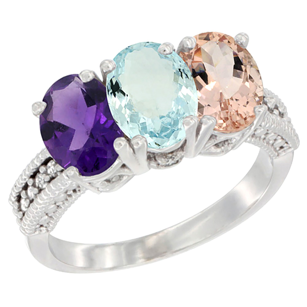 10K White Gold Natural Amethyst, Aquamarine &amp; Morganite Ring 3-Stone Oval 7x5 mm Diamond Accent, sizes 5 - 10