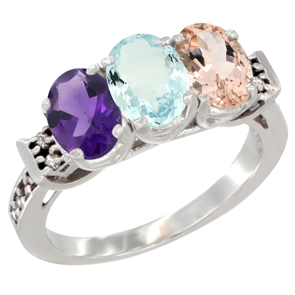 10K White Gold Natural Amethyst, Aquamarine &amp; Morganite Ring 3-Stone Oval 7x5 mm Diamond Accent, sizes 5 - 10