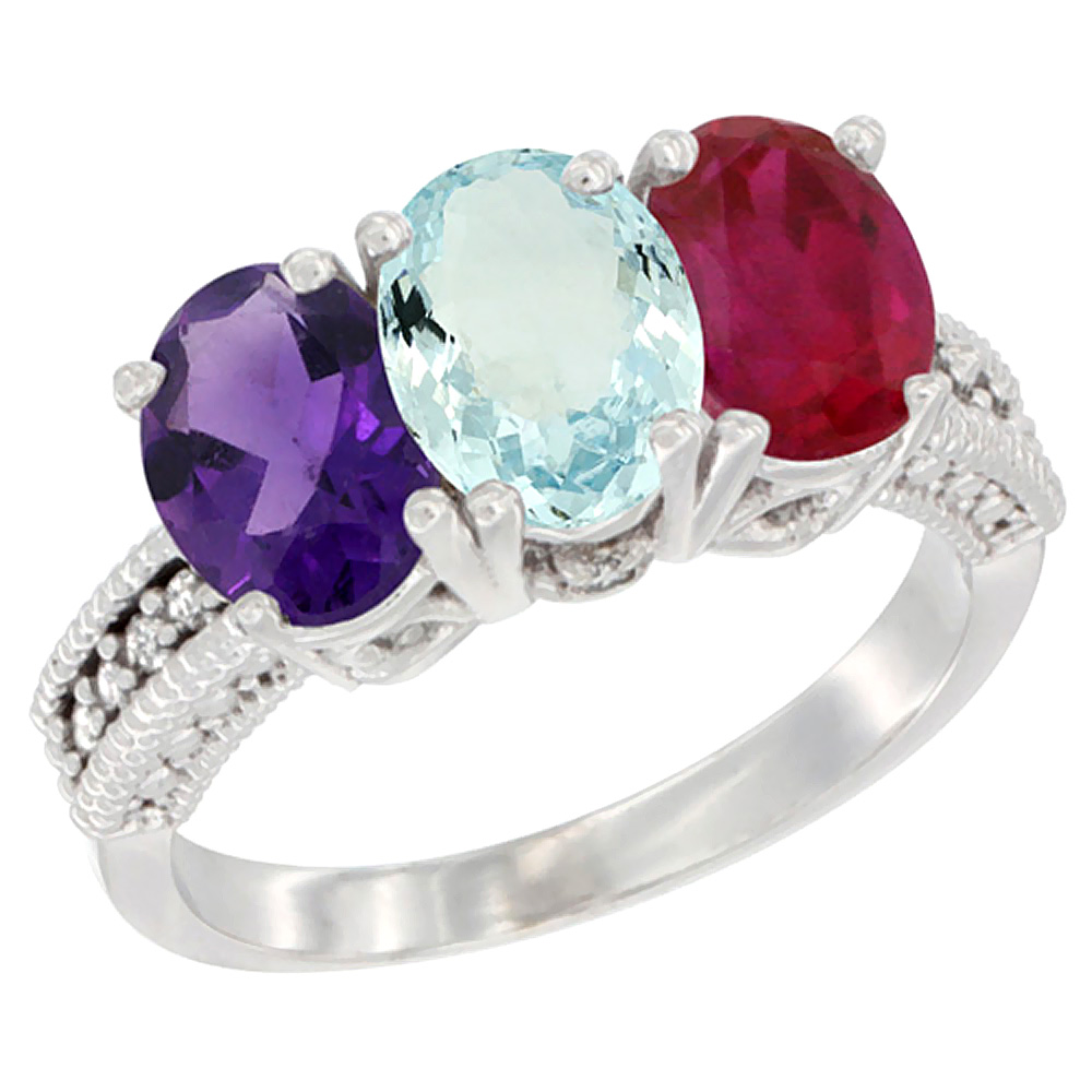 10K White Gold Natural Amethyst, Aquamarine &amp; Enhanced Ruby Ring 3-Stone Oval 7x5 mm Diamond Accent, sizes 5 - 10