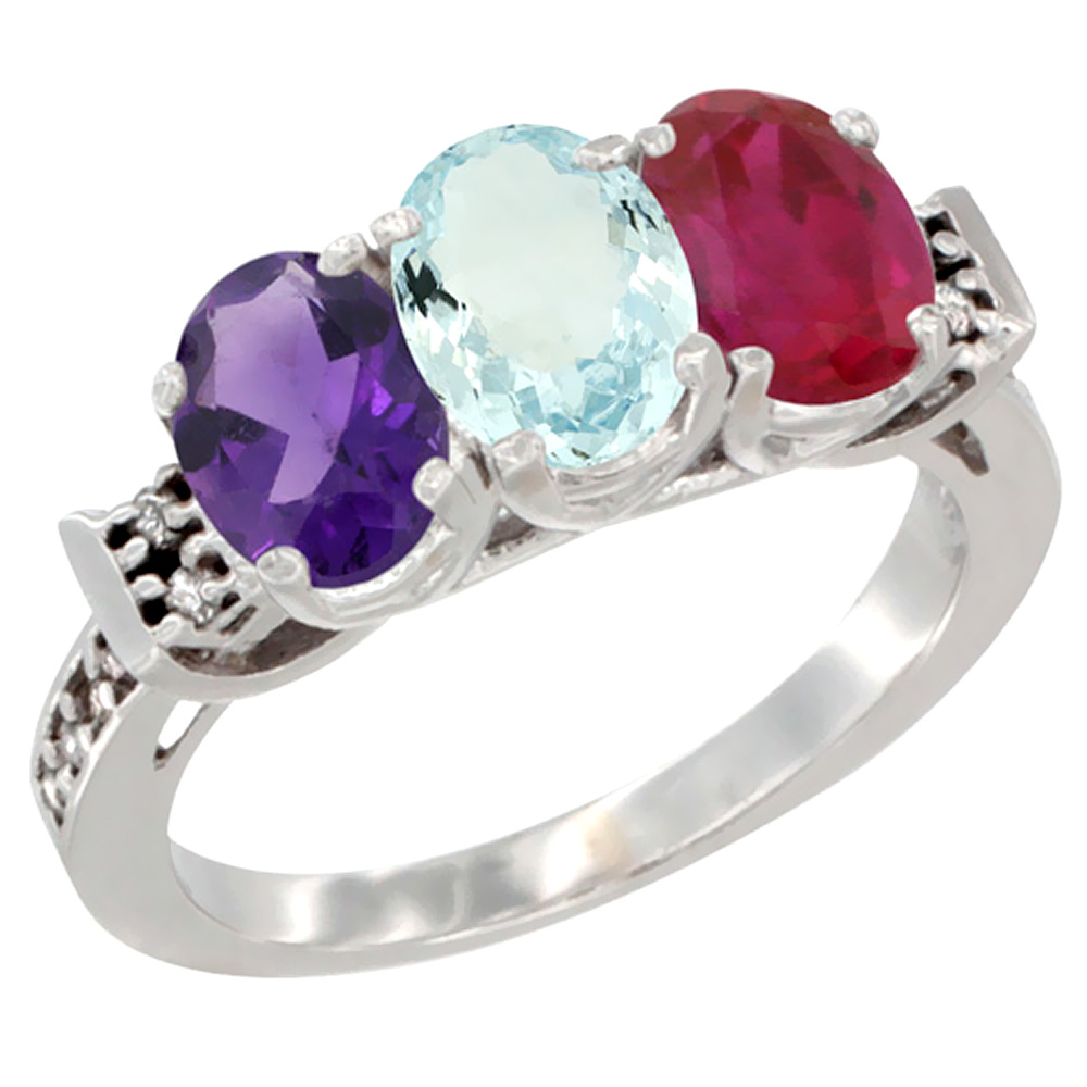 10K White Gold Natural Amethyst, Aquamarine &amp; Enhanced Ruby Ring 3-Stone Oval 7x5 mm Diamond Accent, sizes 5 - 10