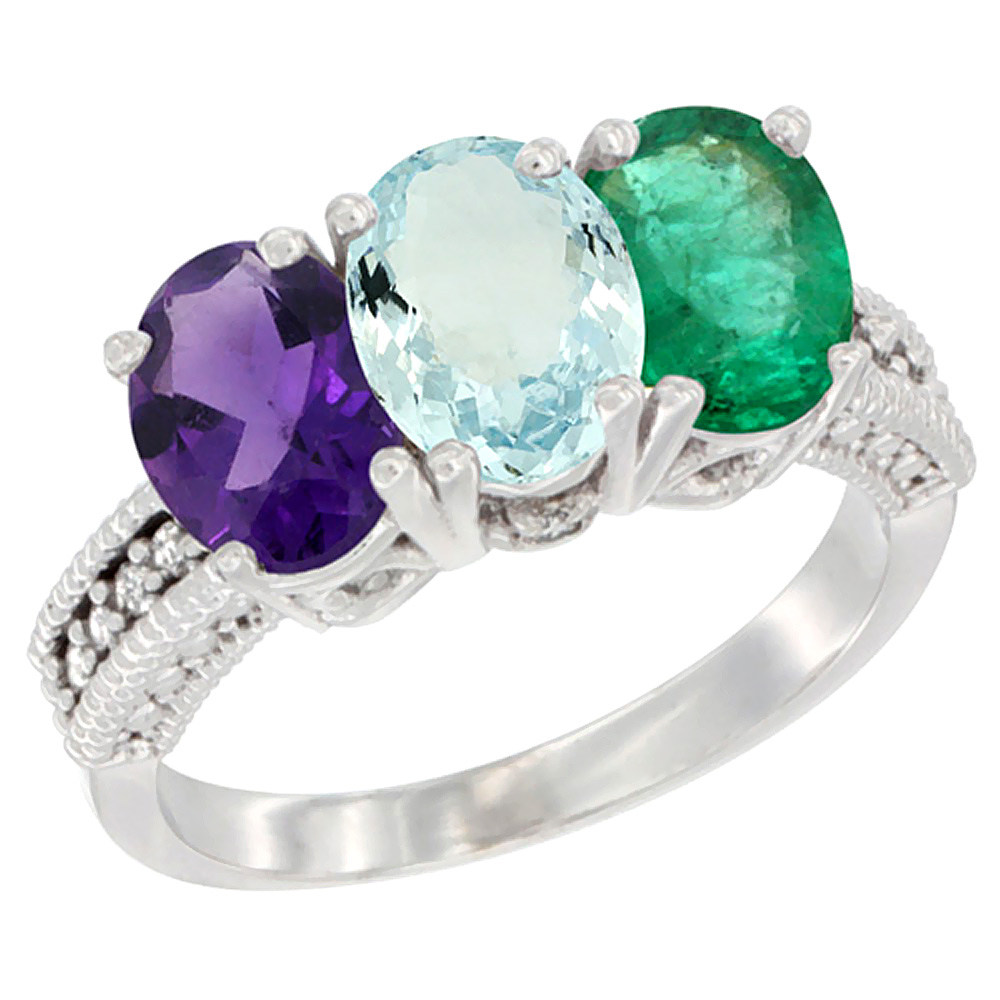 14K White Gold Natural Amethyst, Aquamarine &amp; Emerald Ring 3-Stone 7x5 mm Oval Diamond Accent, sizes 5 - 10