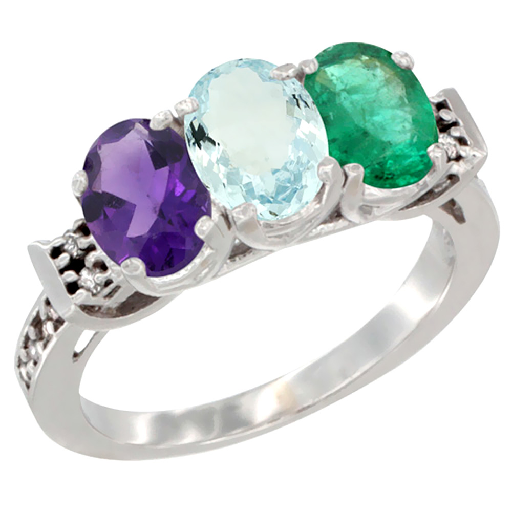 14K White Gold Natural Amethyst, Aquamarine &amp; Emerald Ring 3-Stone 7x5 mm Oval Diamond Accent, sizes 5 - 10