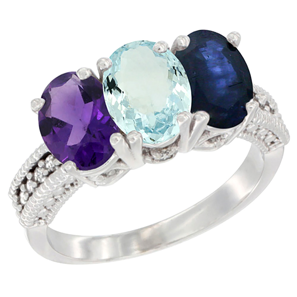 10K White Gold Natural Amethyst, Aquamarine &amp; Blue Sapphire Ring 3-Stone Oval 7x5 mm Diamond Accent, sizes 5 - 10