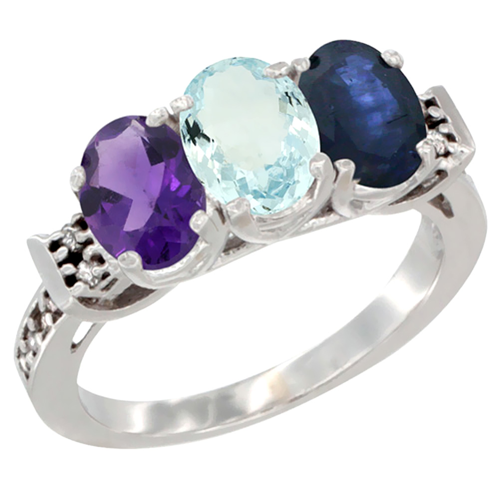 14K White Gold Natural Amethyst, Aquamarine & Blue Sapphire Ring 3-Stone 7x5 mm Oval Diamond Accent, sizes 5 - 10