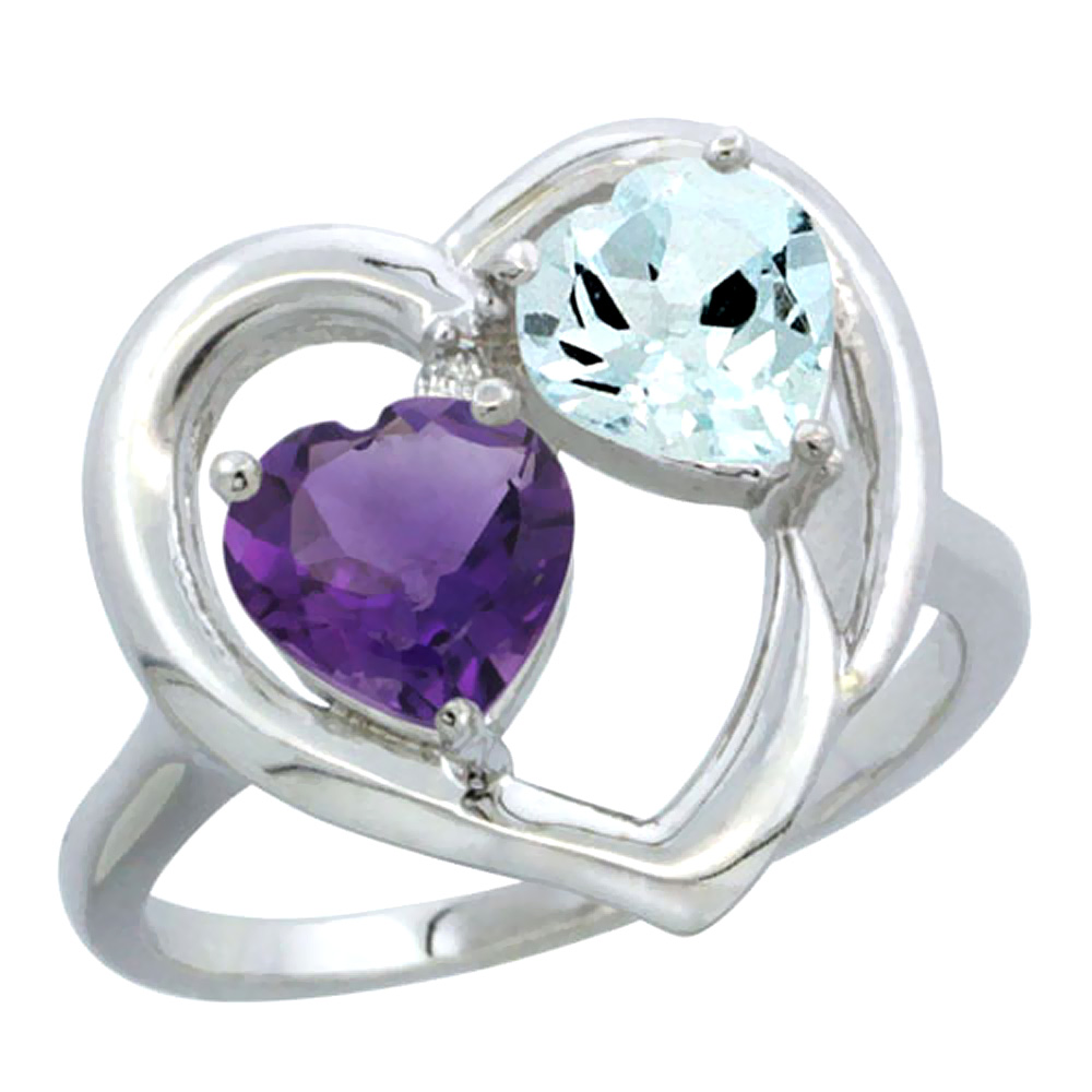 14K White Gold Diamond Two-stone Heart Ring 6mm Natural Amethyst &amp; Aquamarine, sizes 5-10