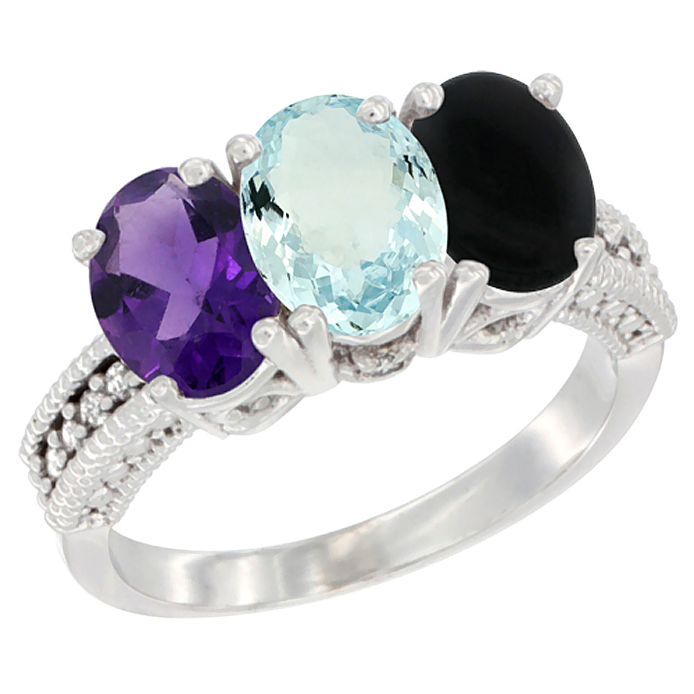 10K White Gold Natural Amethyst, Aquamarine &amp; Black Onyx Ring 3-Stone Oval 7x5 mm Diamond Accent, sizes 5 - 10