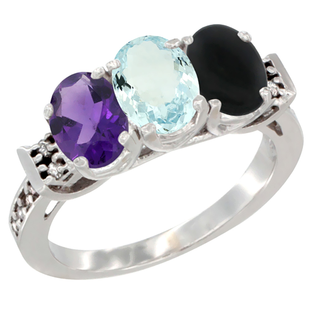 10K White Gold Natural Amethyst, Aquamarine & Black Onyx Ring 3-Stone Oval 7x5 mm Diamond Accent, sizes 5 - 10