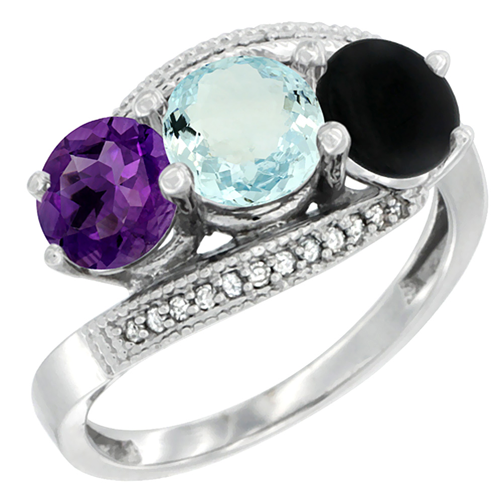 14K White Gold Natural Amethyst, Aquamarine &amp; Black Onyx 3 stone Ring Round 6mm Diamond Accent, sizes 5 - 10