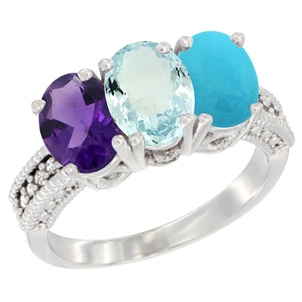 14K White Gold Natural Amethyst, Aquamarine &amp; Turquoise Ring 3-Stone 7x5 mm Oval Diamond Accent, sizes 5 - 10