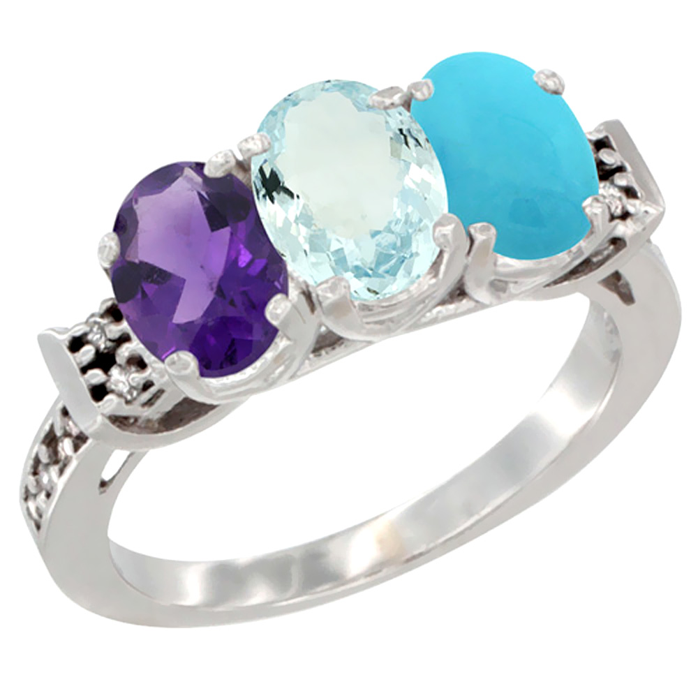 14K White Gold Natural Amethyst, Aquamarine & Turquoise Ring 3-Stone 7x5 mm Oval Diamond Accent, sizes 5 - 10