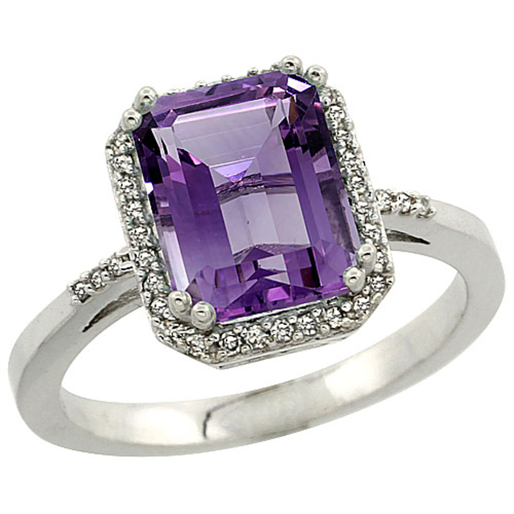 14K White Gold Diamond Natural Amethyst Ring Emerald-cut 9x7mm, sizes 5-10