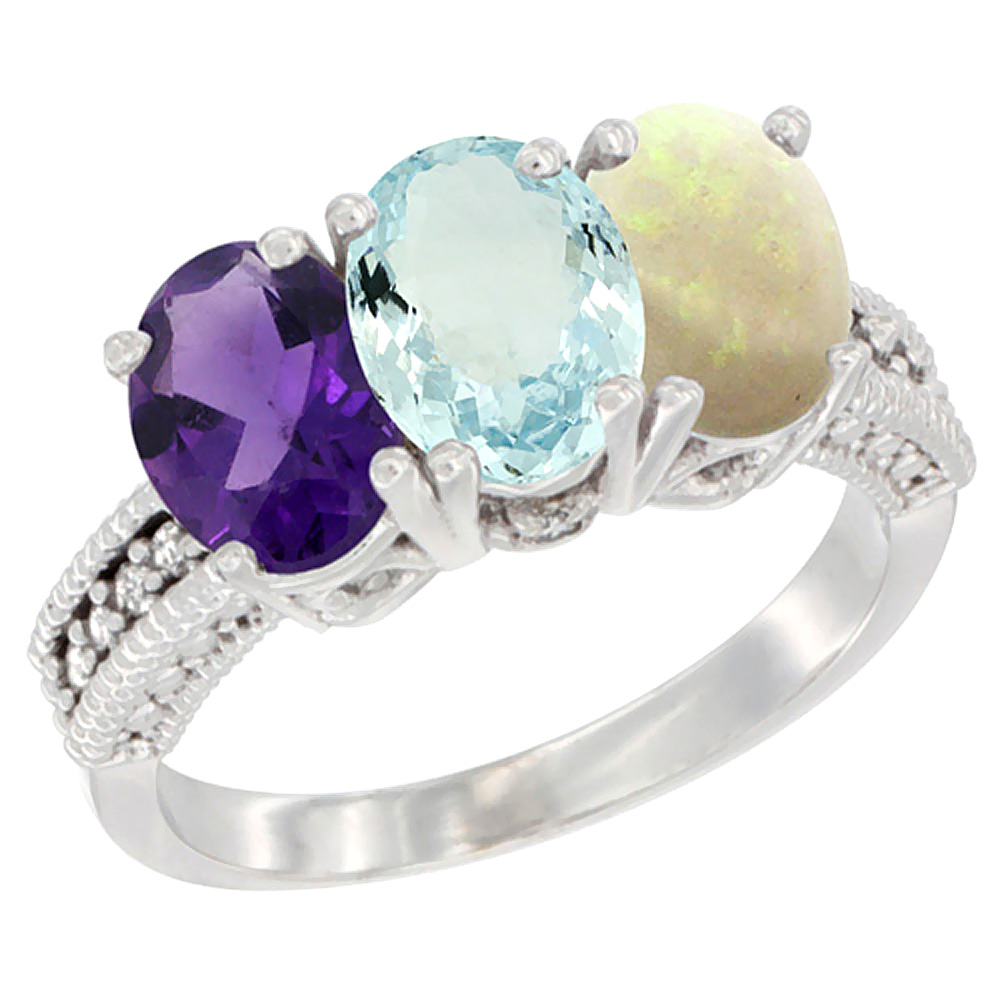 14K White Gold Natural Amethyst, Aquamarine & Opal Ring 3-Stone 7x5 mm Oval Diamond Accent, sizes 5 - 10