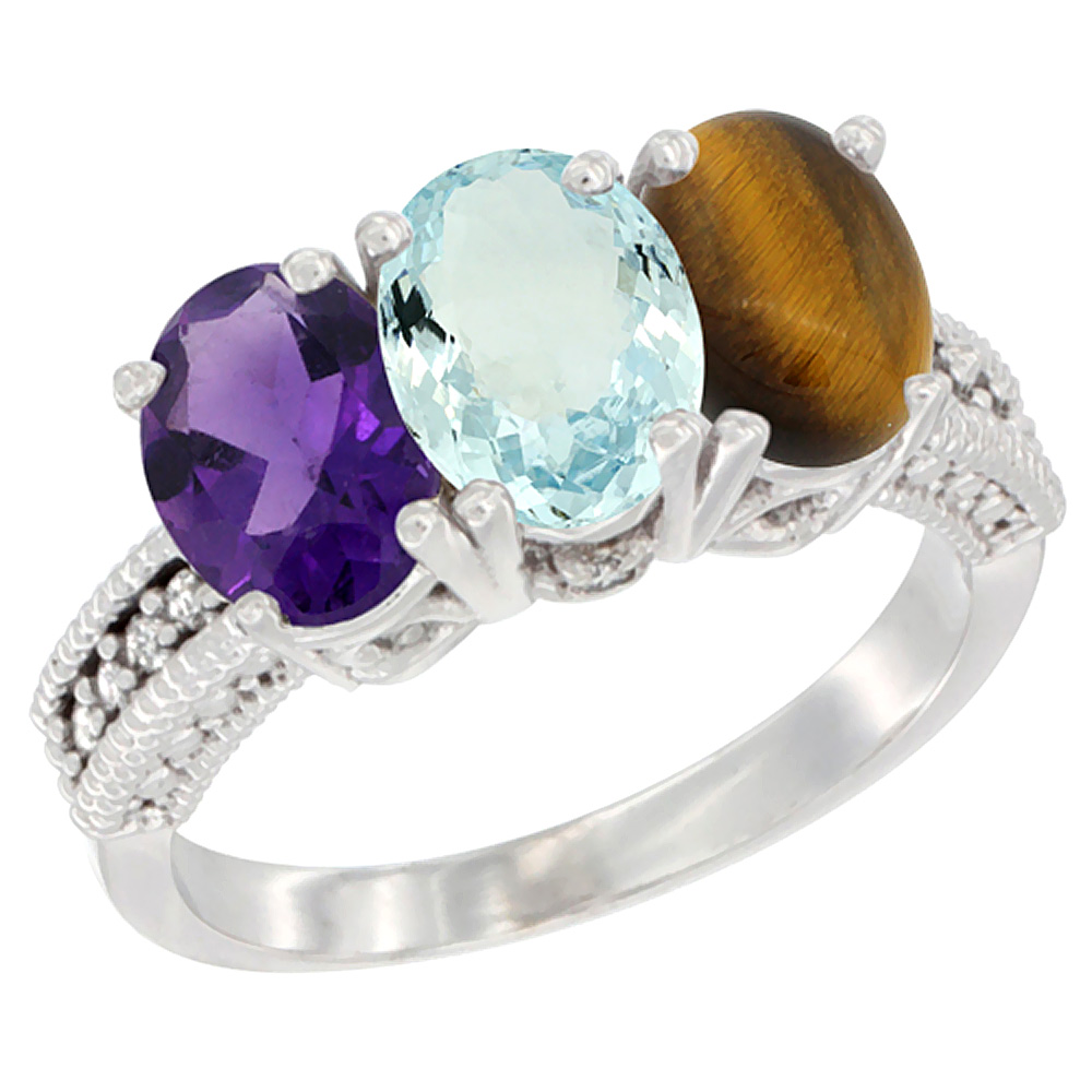 14K White Gold Natural Amethyst, Aquamarine &amp; Tiger Eye Ring 3-Stone 7x5 mm Oval Diamond Accent, sizes 5 - 10