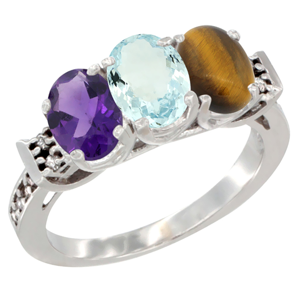 10K White Gold Natural Amethyst, Aquamarine & Tiger Eye Ring 3-Stone Oval 7x5 mm Diamond Accent, sizes 5 - 10