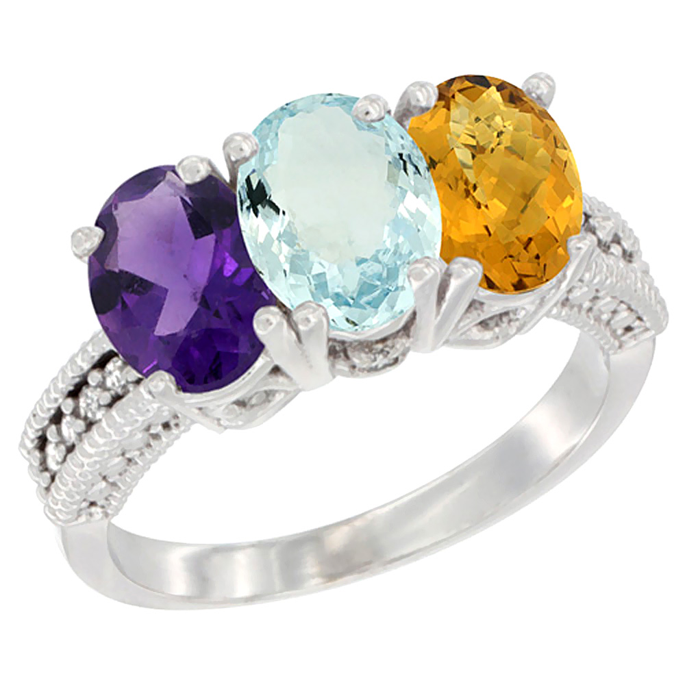 14K White Gold Natural Amethyst, Aquamarine & Whisky Quartz Ring 3-Stone 7x5 mm Oval Diamond Accent, sizes 5 - 10