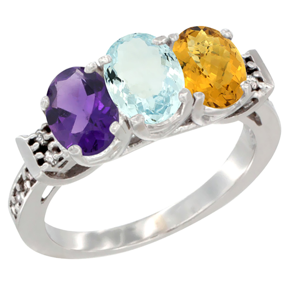 14K White Gold Natural Amethyst, Aquamarine & Whisky Quartz Ring 3-Stone 7x5 mm Oval Diamond Accent, sizes 5 - 10