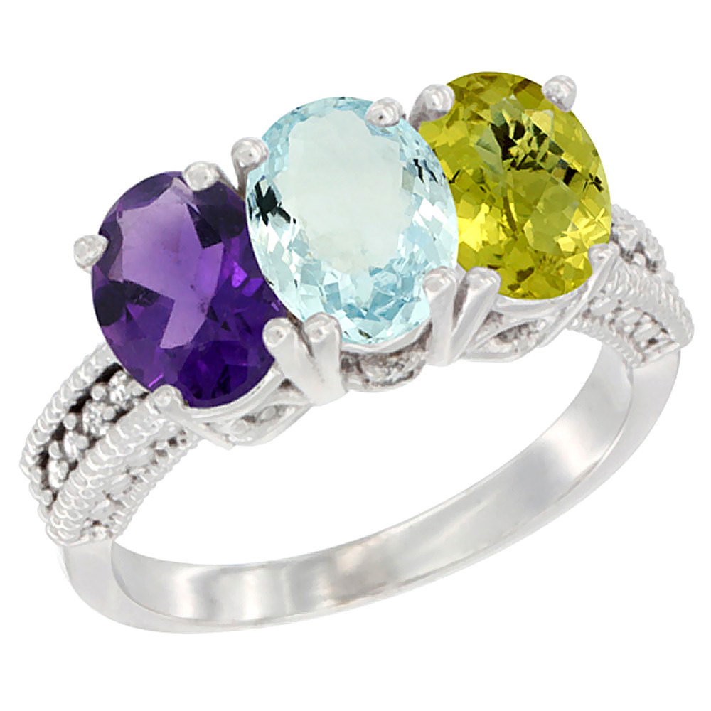 10K White Gold Natural Amethyst, Aquamarine & Lemon Quartz Ring 3-Stone Oval 7x5 mm Diamond Accent, sizes 5 - 10