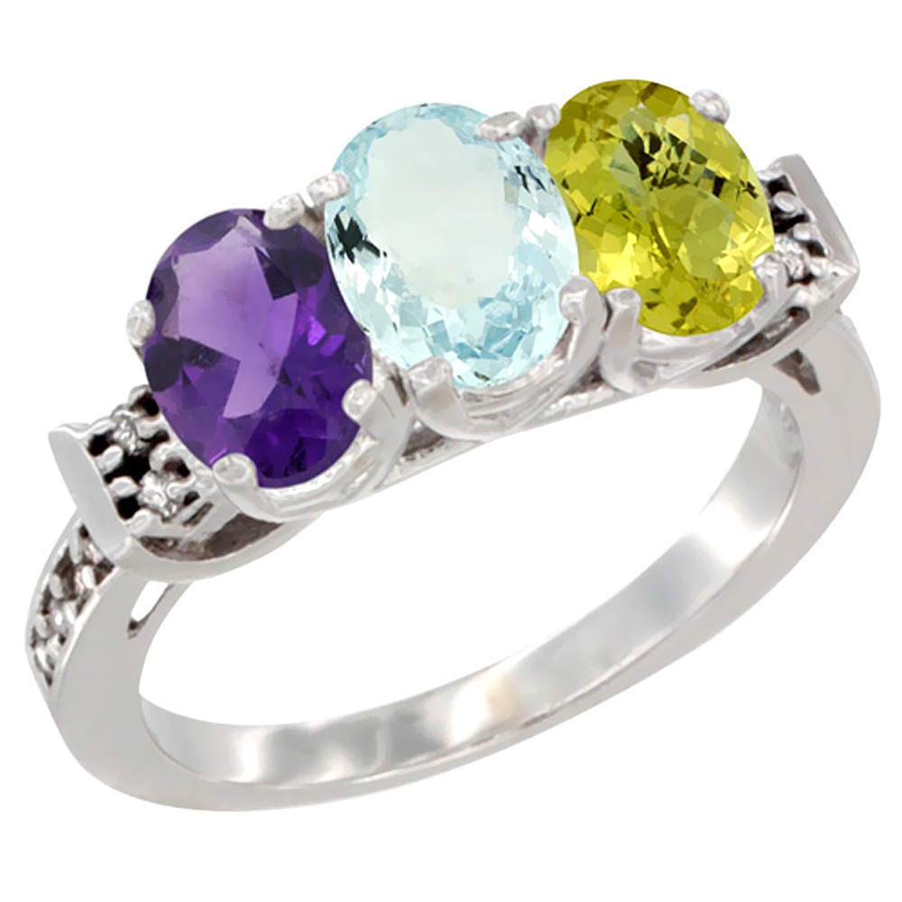 14K White Gold Natural Amethyst, Aquamarine & Lemon Quartz Ring 3-Stone 7x5 mm Oval Diamond Accent, sizes 5 - 10