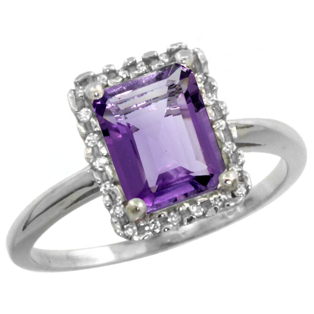 14K White Gold Diamond Natural Amethyst Ring Emerald-cut 8x6mm, sizes 5-10