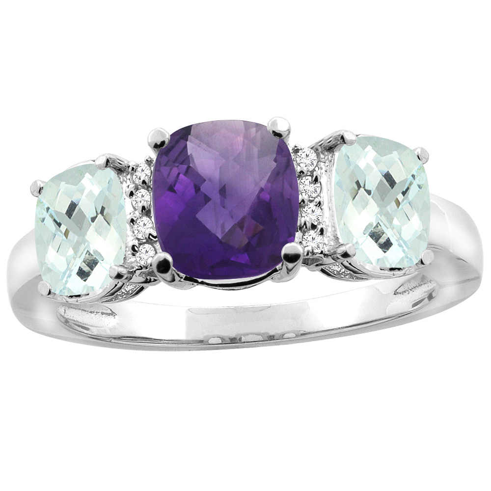 14K White Gold Natural Amethyst & Aquamarine 3-stone Ring Cushion 8x6mm Diamond Accent, sizes 5 - 10