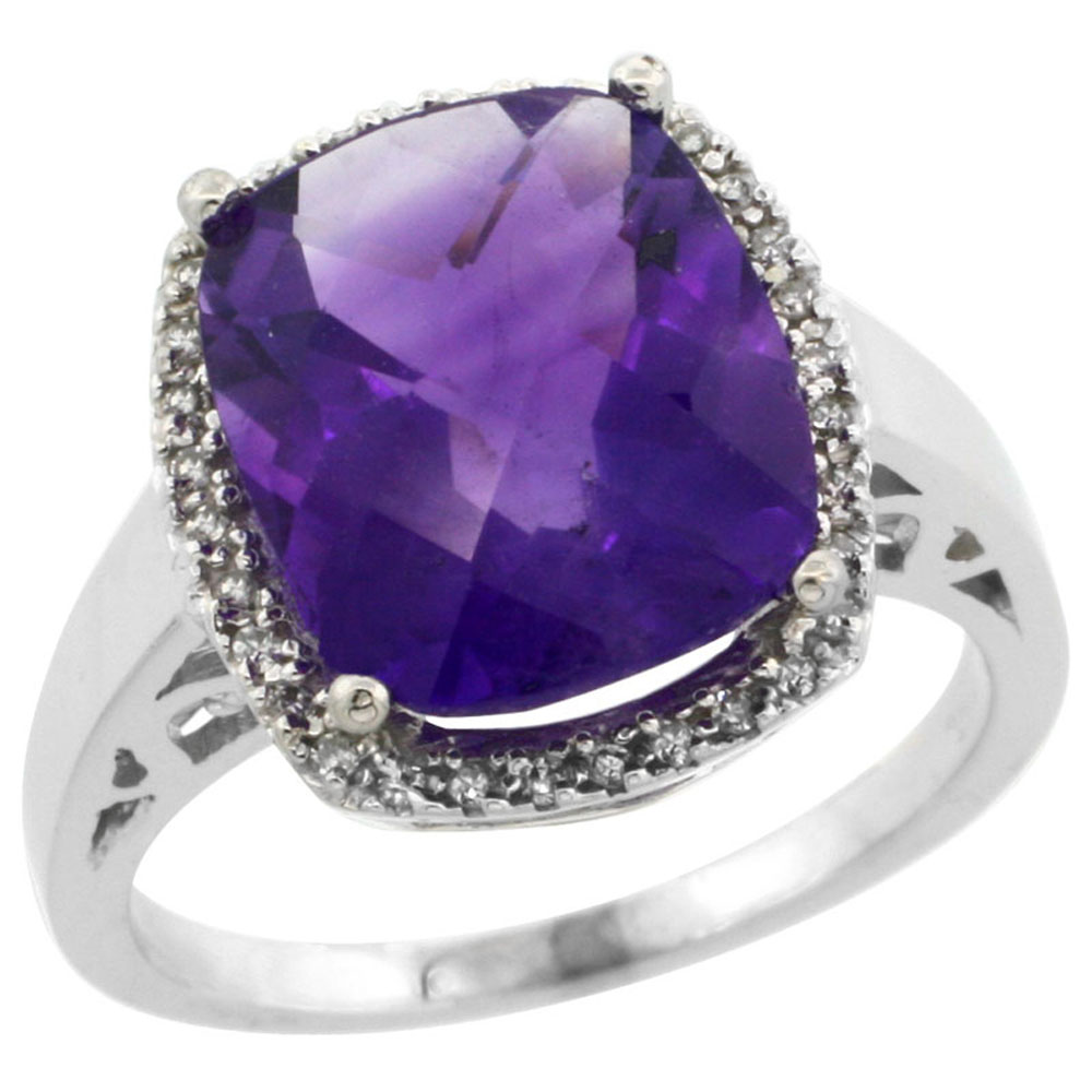 10K White Gold Diamond Genuine Amethyst Ring Cushion-cut 12x10mm sizes 5-10