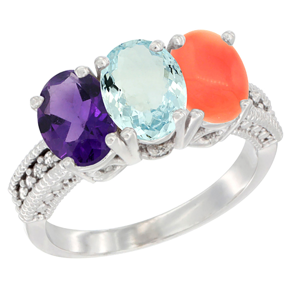 14K White Gold Natural Amethyst, Aquamarine & Coral Ring 3-Stone 7x5 mm Oval Diamond Accent, sizes 5 - 10