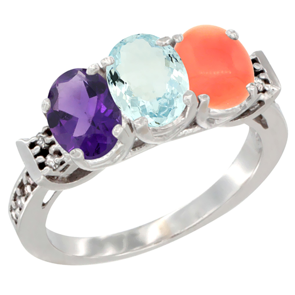 10K White Gold Natural Amethyst, Aquamarine &amp; Coral Ring 3-Stone Oval 7x5 mm Diamond Accent, sizes 5 - 10