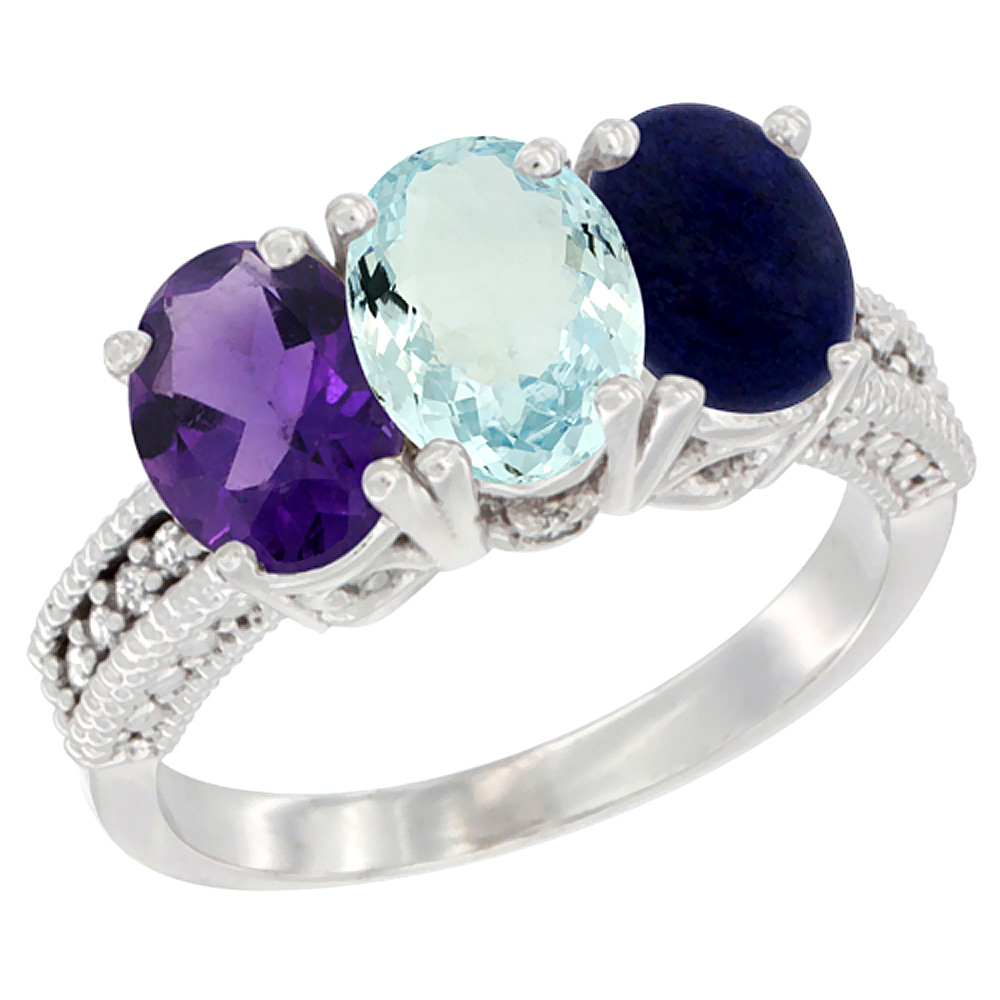 10K White Gold Natural Amethyst, Aquamarine & Lapis Ring 3-Stone Oval 7x5 mm Diamond Accent, sizes 5 - 10