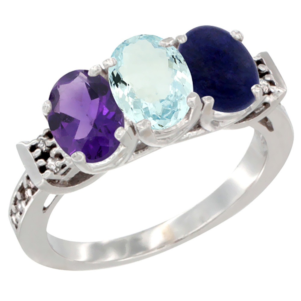 10K White Gold Natural Amethyst, Aquamarine & Lapis Ring 3-Stone Oval 7x5 mm Diamond Accent, sizes 5 - 10