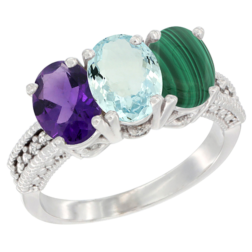 10K White Gold Natural Amethyst, Aquamarine & Malachite Ring 3-Stone Oval 7x5 mm Diamond Accent, sizes 5 - 10